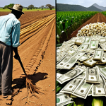 The Genesis of Hyperinflation**
    "A split image depicting the root causes of Zimbabwe's hyperinflation. On the left, fertile, well-tended agricultural lands (tobacco, corn) are shown being forcefully confiscated and transforming into barren, unproductive fields, symbolizing the devastating impact of land reform. On the right, an old, over-strained printing press is shown endlessly spewing out mountains of absurdly high-denomination banknotes (e.g., 100 trillion dollar notes), suggesting desperate and uncontrolled currency printing. The overall mood should be one of economic decay and frantic futility, captured in a realistic, documentary photograph with a somber color palette."

2.  **Prompt for