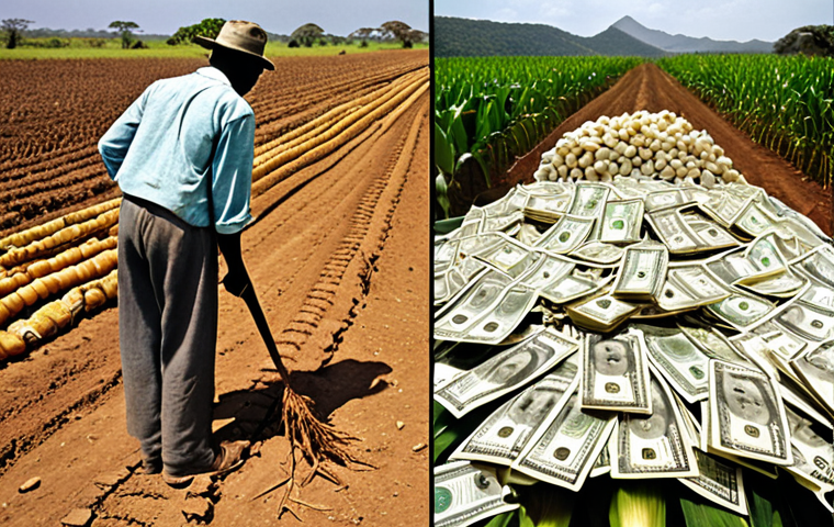 The Genesis of Hyperinflation**
"A split image depicting the root causes of Zimbabwe's hyperinflation. On the left, fertile, well-tended agricultural lands (tobacco, corn) are shown being forcefully confiscated and transforming into barren, unproductive fields, symbolizing the devastating impact of land reform. On the right, an old, over-strained printing press is shown endlessly spewing out mountains of absurdly high-denomination banknotes (e.g., 100 trillion dollar notes), suggesting desperate and uncontrolled currency printing. The overall mood should be one of economic decay and frantic futility, captured in a realistic, documentary photograph with a somber color palette."
2. **Prompt for